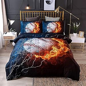 A Nice Night Baseball with Fire Print Comforter Quilt Set Bedding Sets for Teen Boys (Baseball,Twin Size)