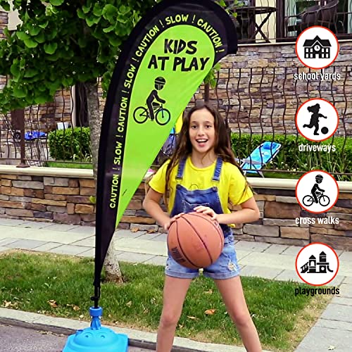 Teardrop Banner Flag Safety Sign With Fiberglass Poles And Weighted Base For Yards And Driveways -"Kids At Play", Green, 2 Pack #TOP7