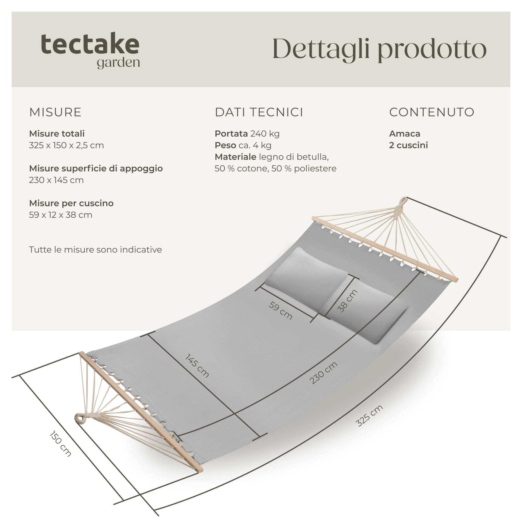 tectake® Amaca per Due Persone, Barra in Legno, Con 2 Cuscini Morbidi, Comoda e Resistente, Arredamento Esterno, Campeggio, Escursioni, Balcone, Beige, Capacità 240 kg - Grigio Chiaro