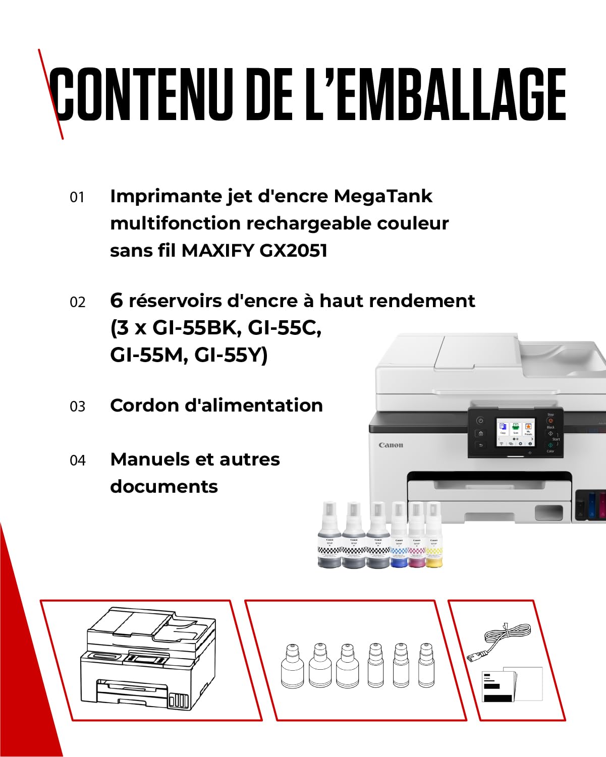 Canon MAXIFY GX2051 Imprimante A4 Couleur pour la Maison et Le Bureau, Imprimante, Copieur, Scanner et Télécopieur Jet d'encre MegaTank Tout-en-Un, Wi-FI, Ethernet, USB | Comprend 6 bouteilles d'encre