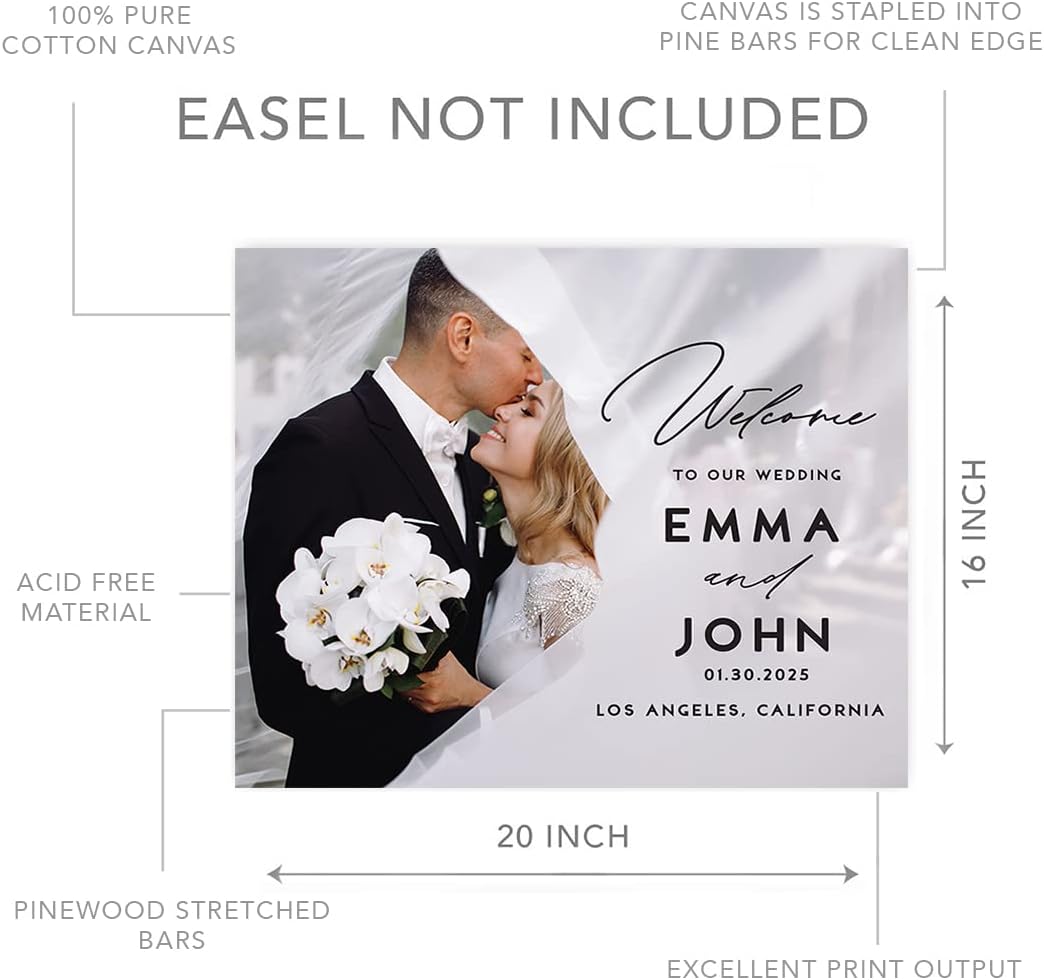 Andaz Press Personalized Welcome To Our Wedding Sign, Chiffon 16" x 20" Custom Photo Canvas Wedding Welcome Sign for Reception, Ceremony, Easel Stand