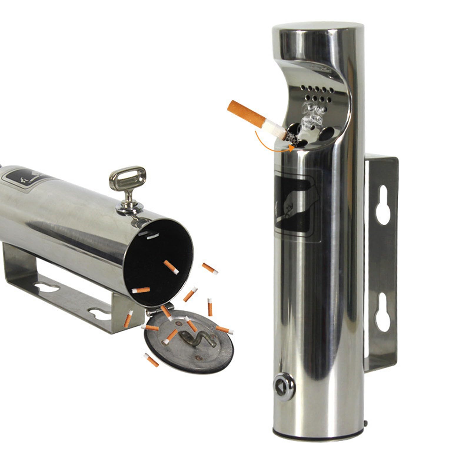 Wall Mounted Ashtray Lockable Stainless Steel Cylinder Cigarette Ash Bin Wall-Mounted Disposal Tower(Silver)