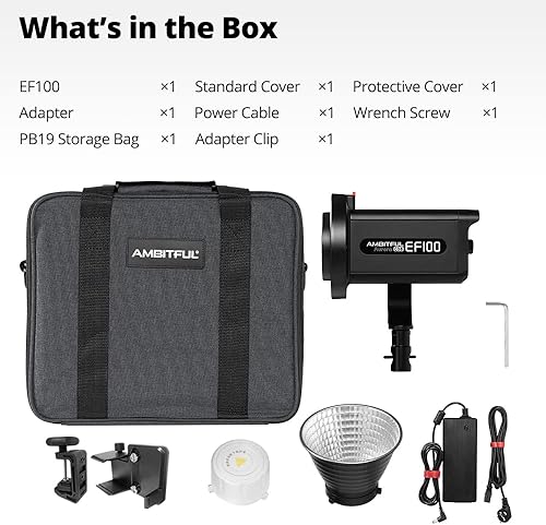 Miniatura 6 de AMBITFUL EF100 Luz de video LED, luz LED de 100 W, 5600 K, CRI 95+, 35500 Lux@3.3 ft, APP Cotrol, montaje Bowens con reflector estándar para YouTube