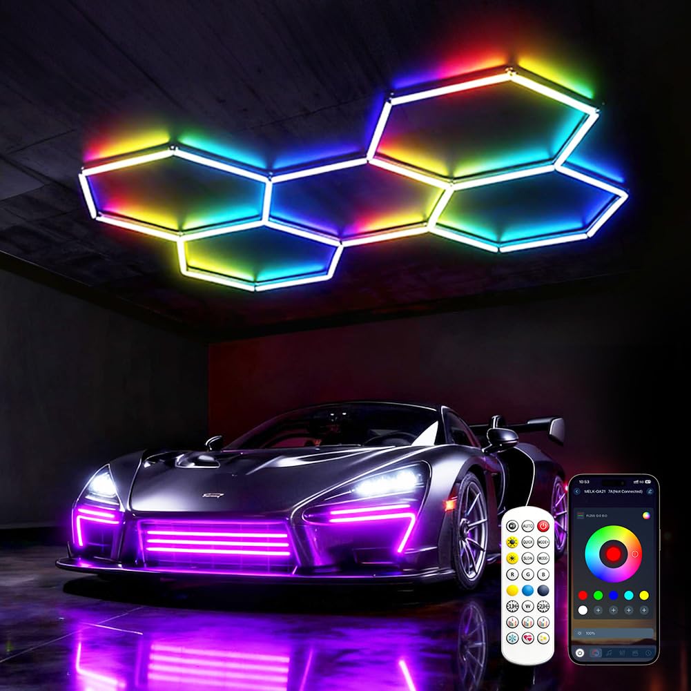 LED Deckenleuchte Dimmbar RGB Farbwechsel Deckenlampe mit Fernbedienung 216W Garagenlampe LED 5-Hex RGB LED Panel Deckenbeleuchtung für Garage, Werkstatt, Lager, Keller, Fitnessstudio