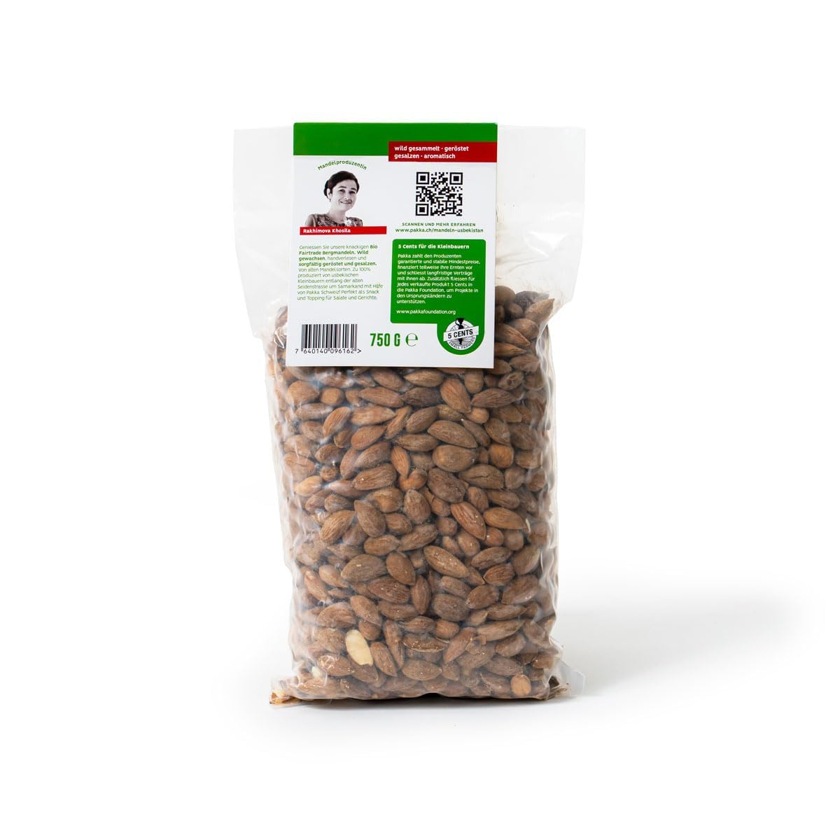 PAKKA – Bio Fairtrade Mandeln geröstet gesalzen 750gr, Öko geröstete Mandeln, direkt hergestellt und abgefüllt vom Produzenten in Usbekistan, vegan, Familienpackung, Value-Pack 0,75kg (1er Pack)
