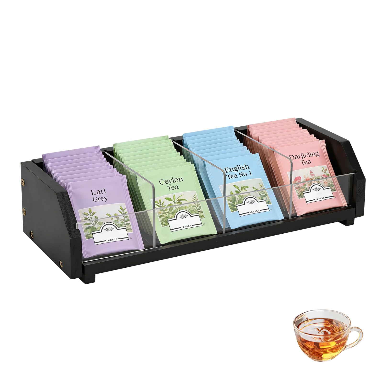 Tea Bag Holder Organizer Black 4 Compartment Solid Wood Tea Box with Acrylic Dividers to Organize and Store Tea Bag for Countertop, Cabinet, Drawer (Dark)