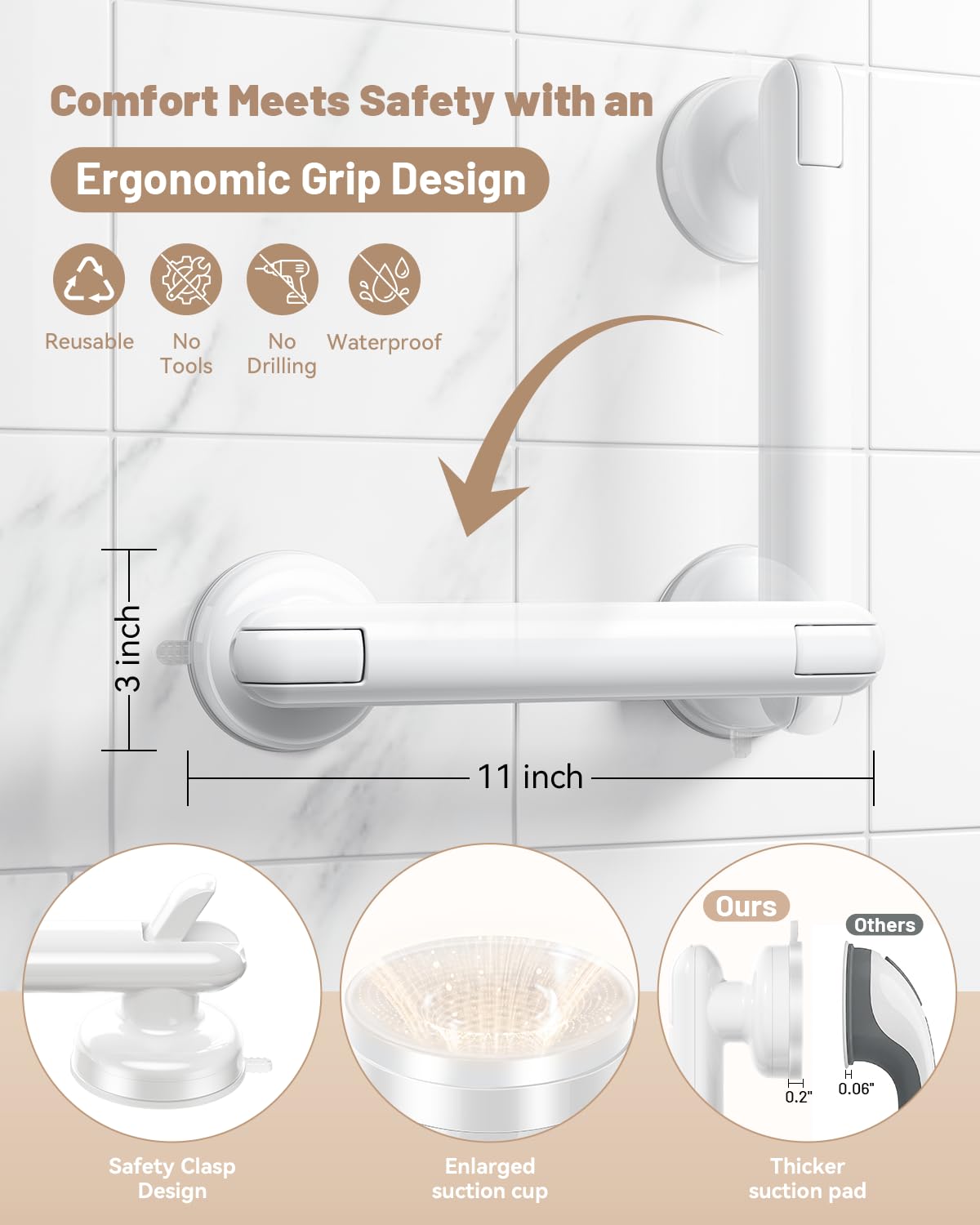 JOTPE Barras de agarre para ducha, mango de ducha de 11 pulgadas con personas mayores, barra de agarre de baño con ventosa, sin taladro, impermeable, extraíble, accesorio de seguridad para el baño