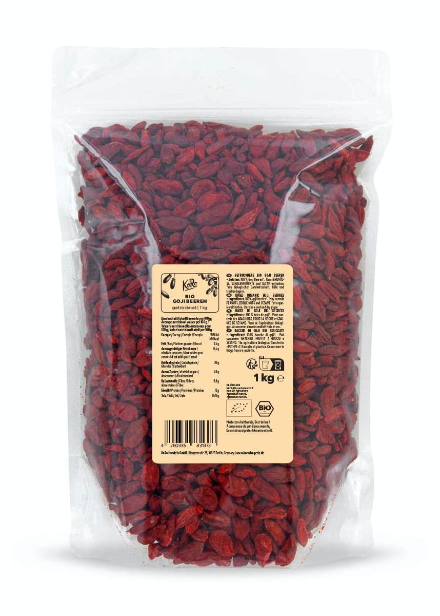 KoRo Baies de Goji Bio 1 kg – Super-aliment Naturel, Séchées Sans Additifs, Riches en Fibres et Protéines, Idéales pour Mueslis, Salades et Recettes