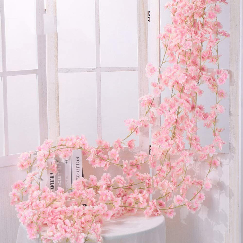 Artificial Cherry Blossom Flower Garland Hanging Vine 180cm Silk Floral String Fake Flower for Home Wedding Party Indoor Outdoor Wall Decoration (Light Pink, 4PCS)