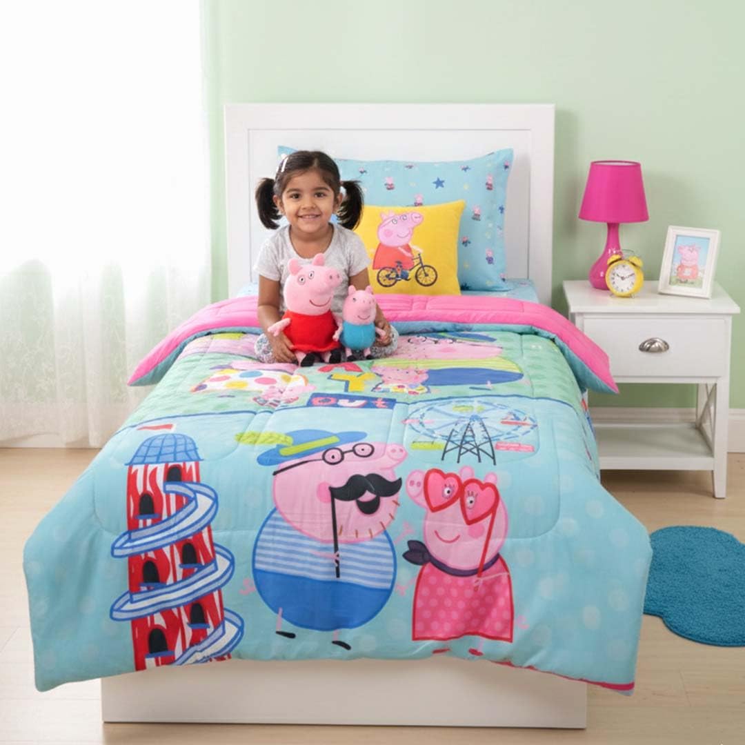 Athom Living Peppa Pig Themed Kids Comforter, Soft & Lightweight, Durable Bedding for Boys & Girls, Cozy & Printed Bedspread, Machine Washable, Birthday Gift, Return Gift | Blue, 390 GSM, 135x220 cm 1