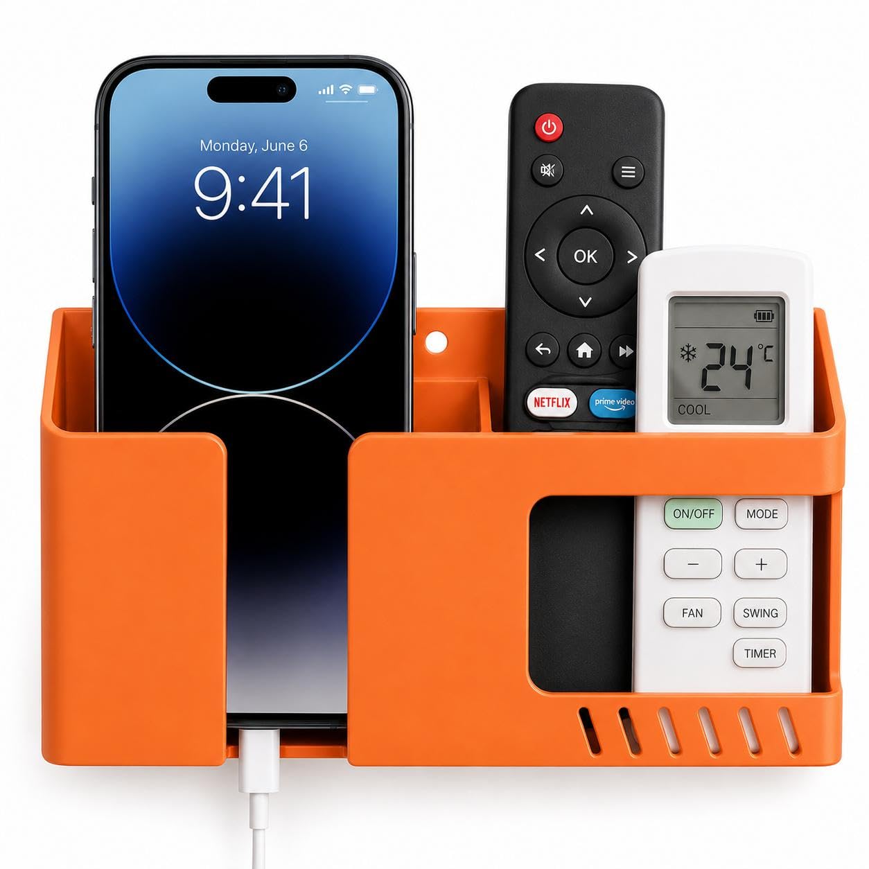 WALLVIEW TECH Wall Mobile Holder Multi-Purpose Stand for Wall Remote Holder & Smartphone Charging Stand for Charging Kitchen Organizer Rack Wall Mounted Useful Gadget-(Orange)