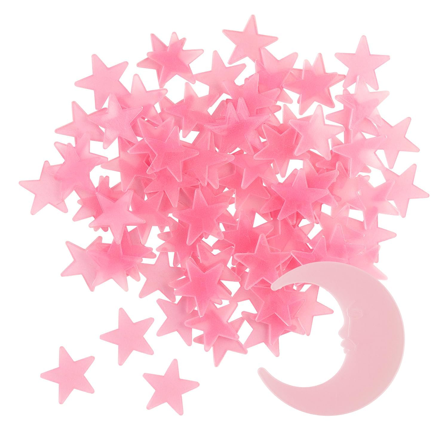 Zywq Dark/Pink 100 Stars And 1 Moon Glow In The Luminous Fluorescent 3D Plastic Glow Stars Moon For Ceiling, Glowing Wall Stickers Create A Realistic Starry Sky, Room Decorations (Pink)