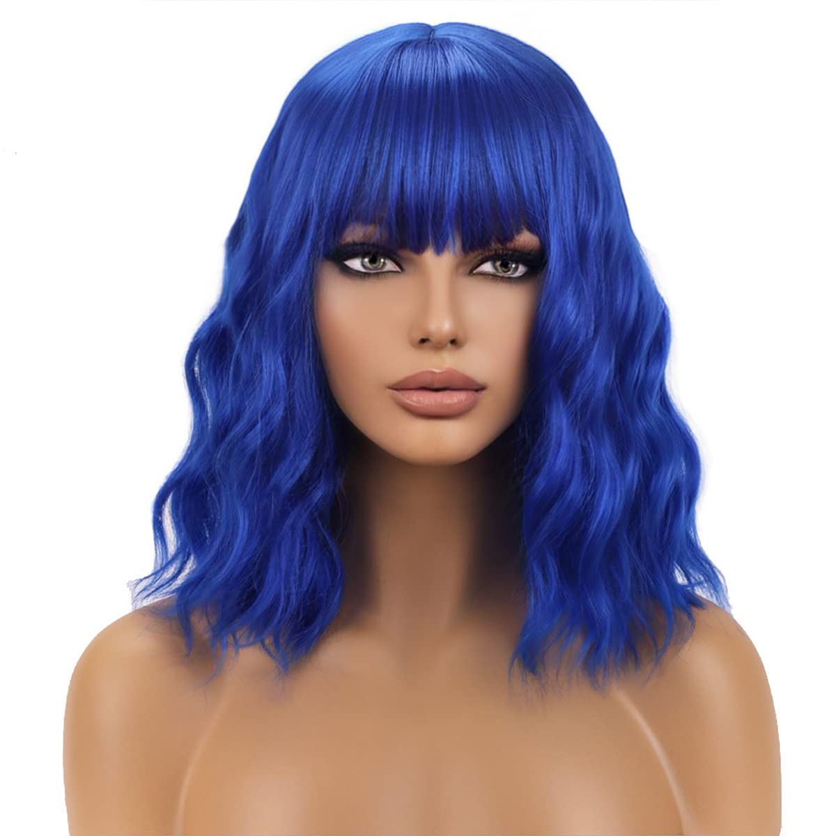 WTHCOS Blue Wig Short Curly Wig with Bangs Dark Blue Wig for Women Short Wave Wig Synthetic Wigs for Cosplay Costume Party with Wig Cap
