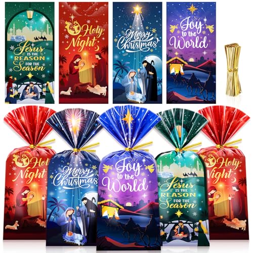 HOWAF 100PCS Holy Nativity Cellophane Gift Bag, Religious Christmas Plastic Goodie Bags for Christian Xmas Holiday Party Supplies, O Holy Night Treat Bags Nativity Scene Candy Bags with Ties