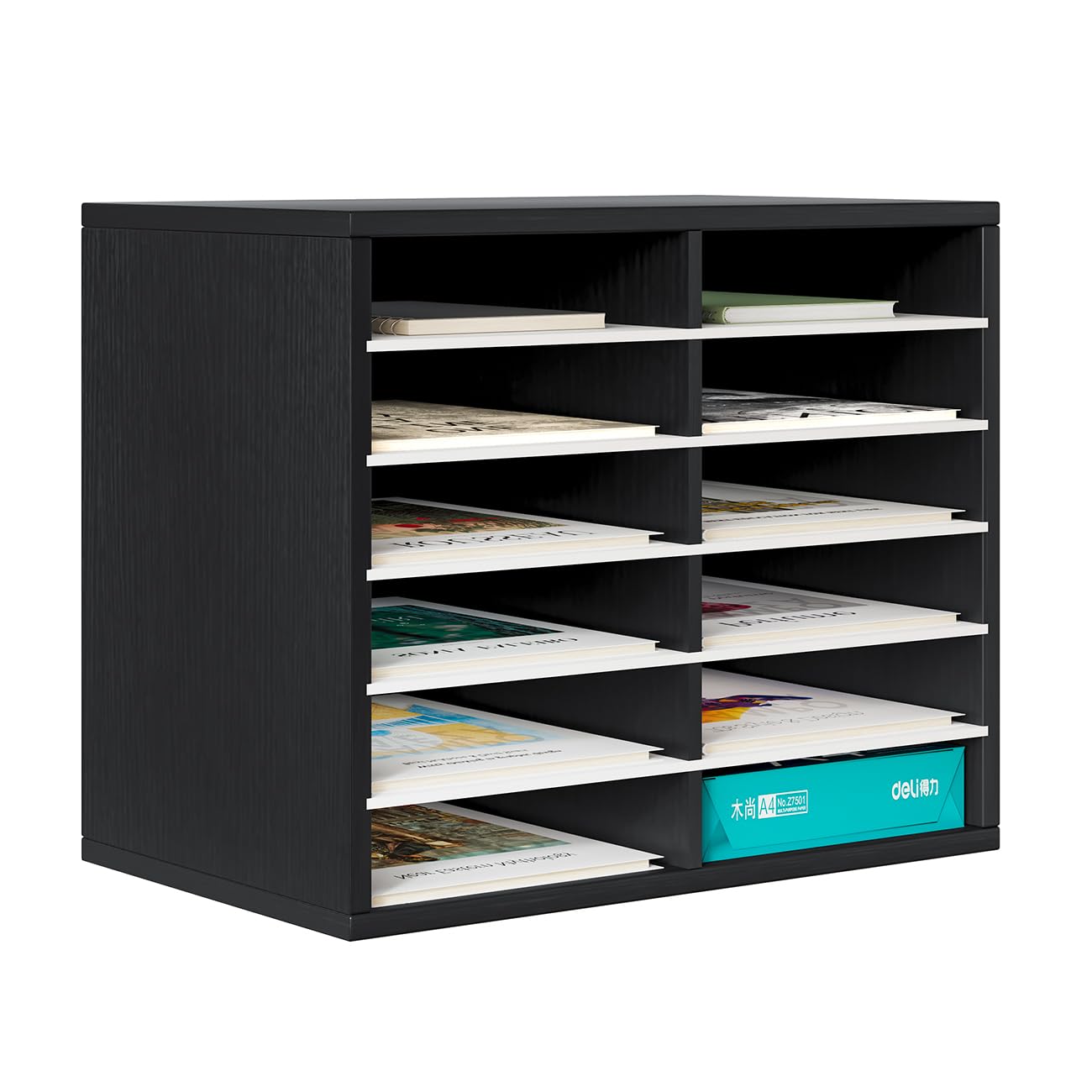 Photo 1 of 12 Comparments Paper Organizer, Wood Literature Organizer, Desktop Paper Organizer, Sturdy Books Organizer, Desktop Organizer with Adjustable Shevles, Keep Your Room Clean, Black&White 12 Comparments(6X2) Black&white