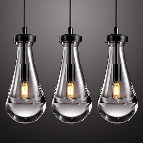 Juego de 3 lámparas colgantes modernas de gota de lluvia, luces colgantes negras para isla de cocina, iluminación colgante de lágrima para