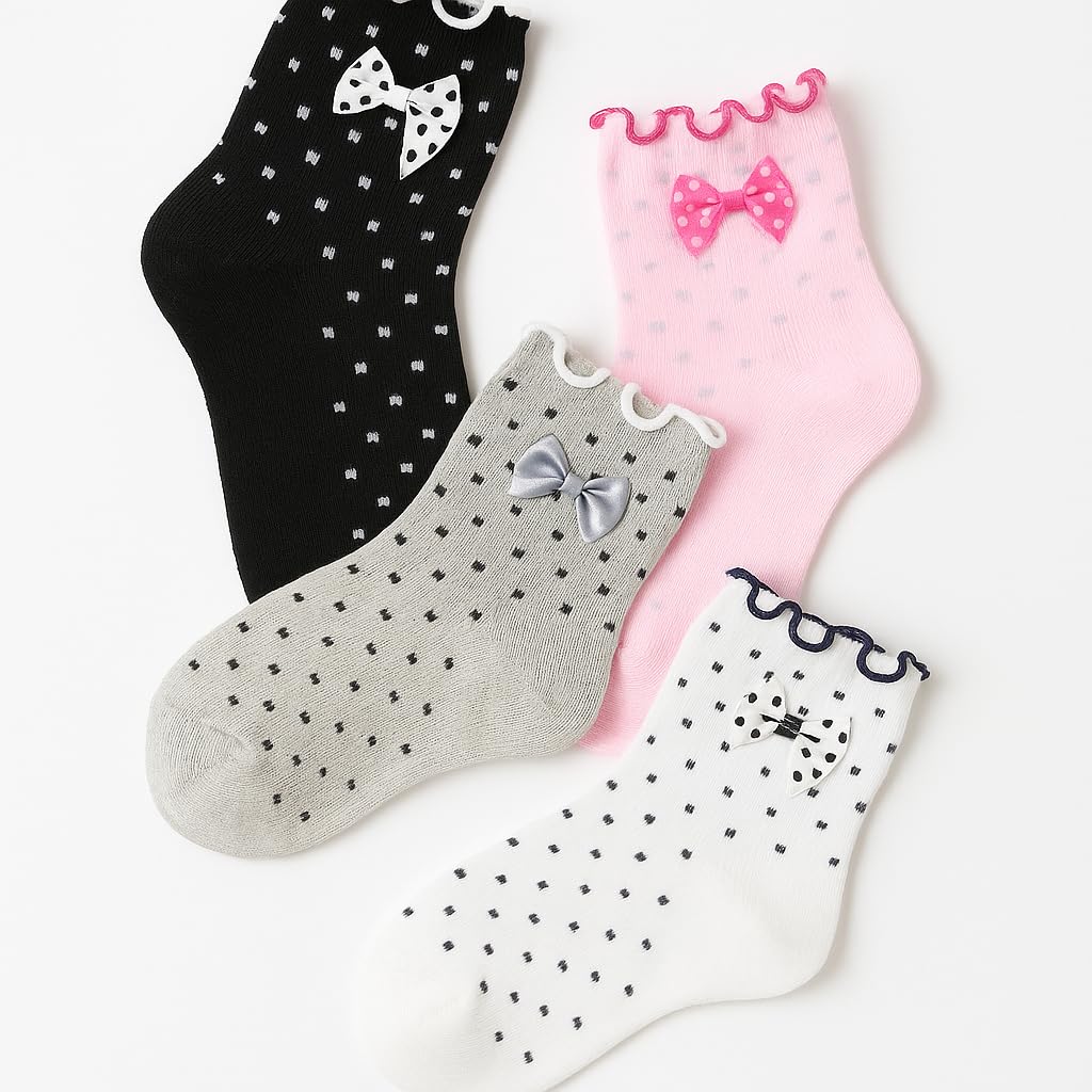 Girls Cotton Lace Polka Dot Fancy Bow Ankle Socks, 4-7 years, White and Grey, Pack of 2 - Image 5 thumbnail