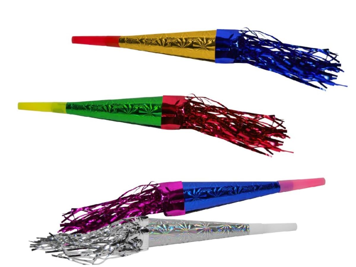 Lote de 36 Trompetas Multicolores con Espumillón Metalizado. Artículos de Cotillones. Complementos para Fiestas y Eventos. Decoración y Regalos para Nochevieja, Bodas, Comuniones y Cumpleaños. DC