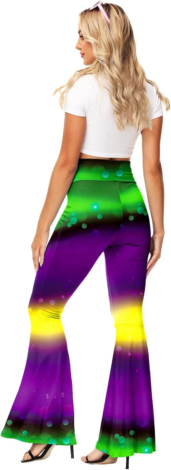 AOBUTE Womens Mardi Gras Bell Bottoms Purple Green Yellow High Waist Flare Pants - Image 7