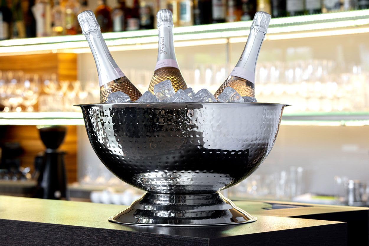 Enfriador de champán de acero inoxidable martillado, enfriador de botellas grande y cubo de hielo sobre pie, enfriador de bebidas para vino, vino espumoso y botellas, elegante bandeja para bebidas