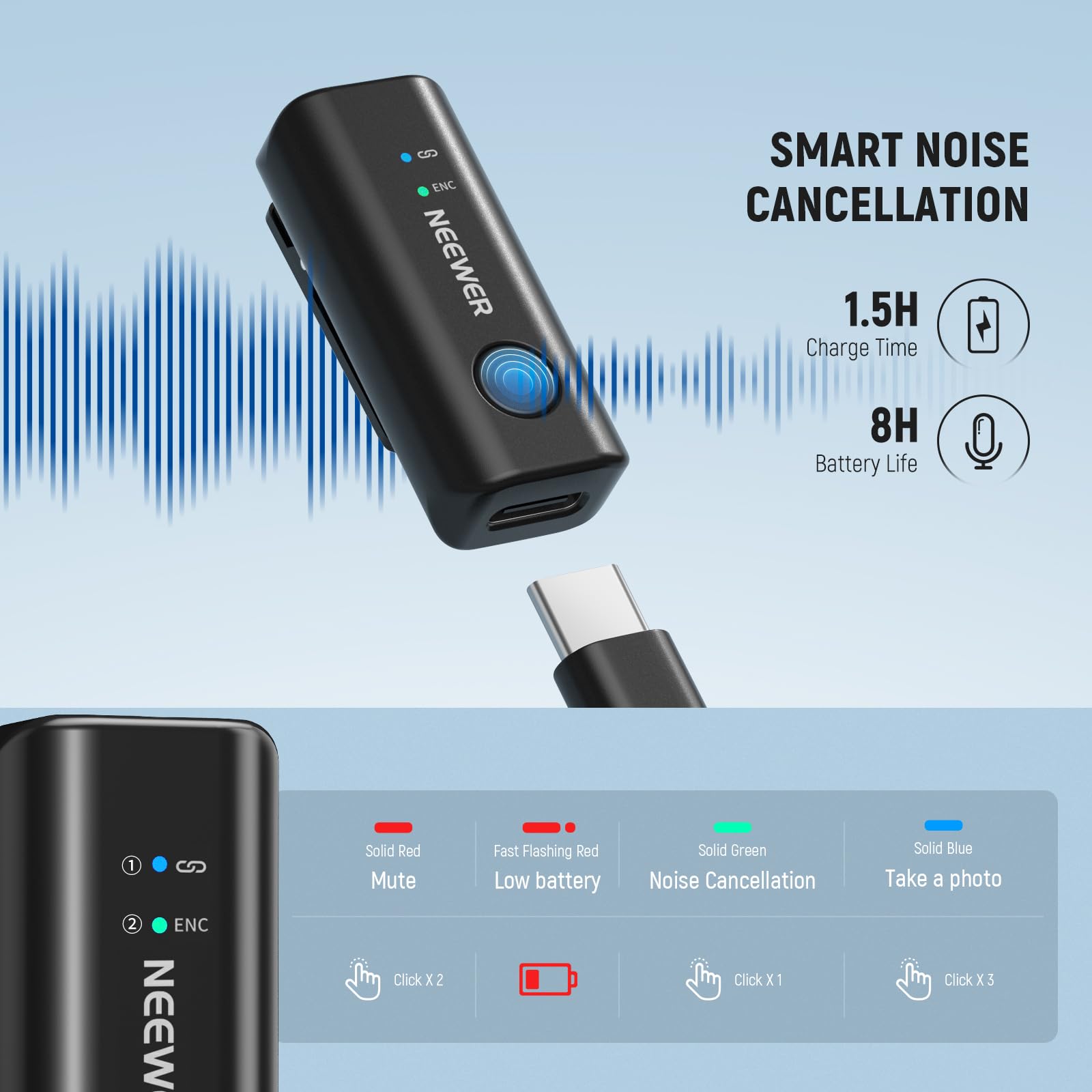 NEEWER KM23Max Bezprzewodowy mikrofon krawatowy 48 kHz/24 bit, zasięg 100 m, 8 H, bateria z redukcją szumów, wielokierunkowy mini mikrofon USB C, kompatybilny z DJI Insta360, iPhone, Android, PC (1x