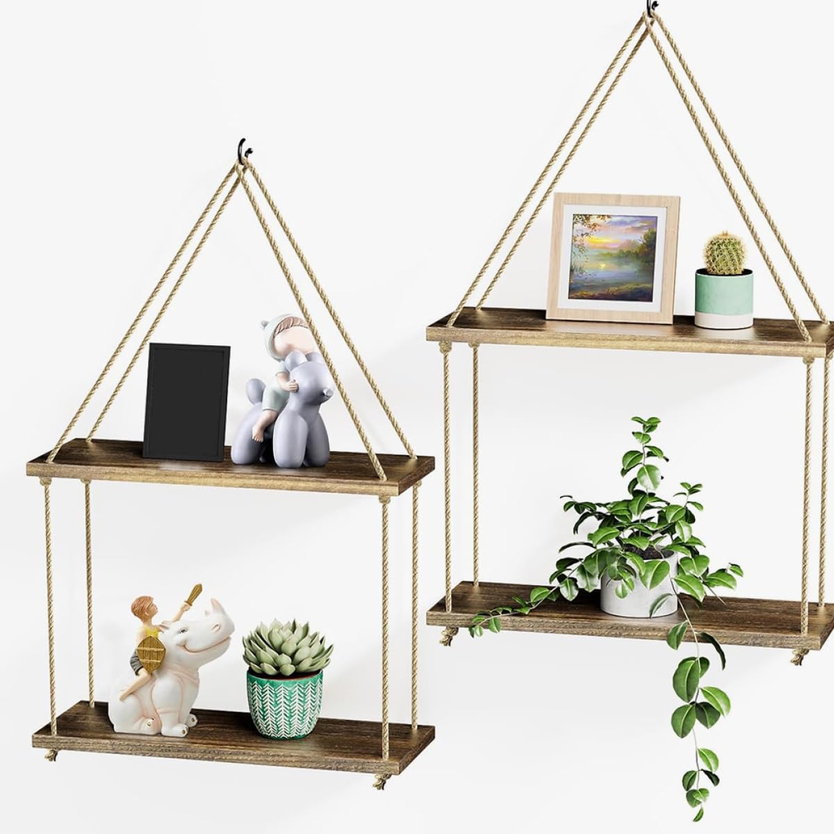 Mensole Sospese a Parete Boho in Legno Nero Corda di Juta Set Doppio Porta Piante e Oggetti Decorativi per Soggiorno Camera da Letto e Studio Supporto Rustico Multifunzione