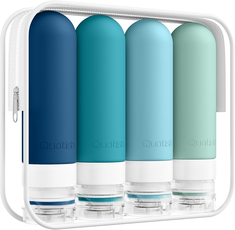 Frascos recarregáveis para viagem Quatish em silicone, cor Pacific, pacote com 4