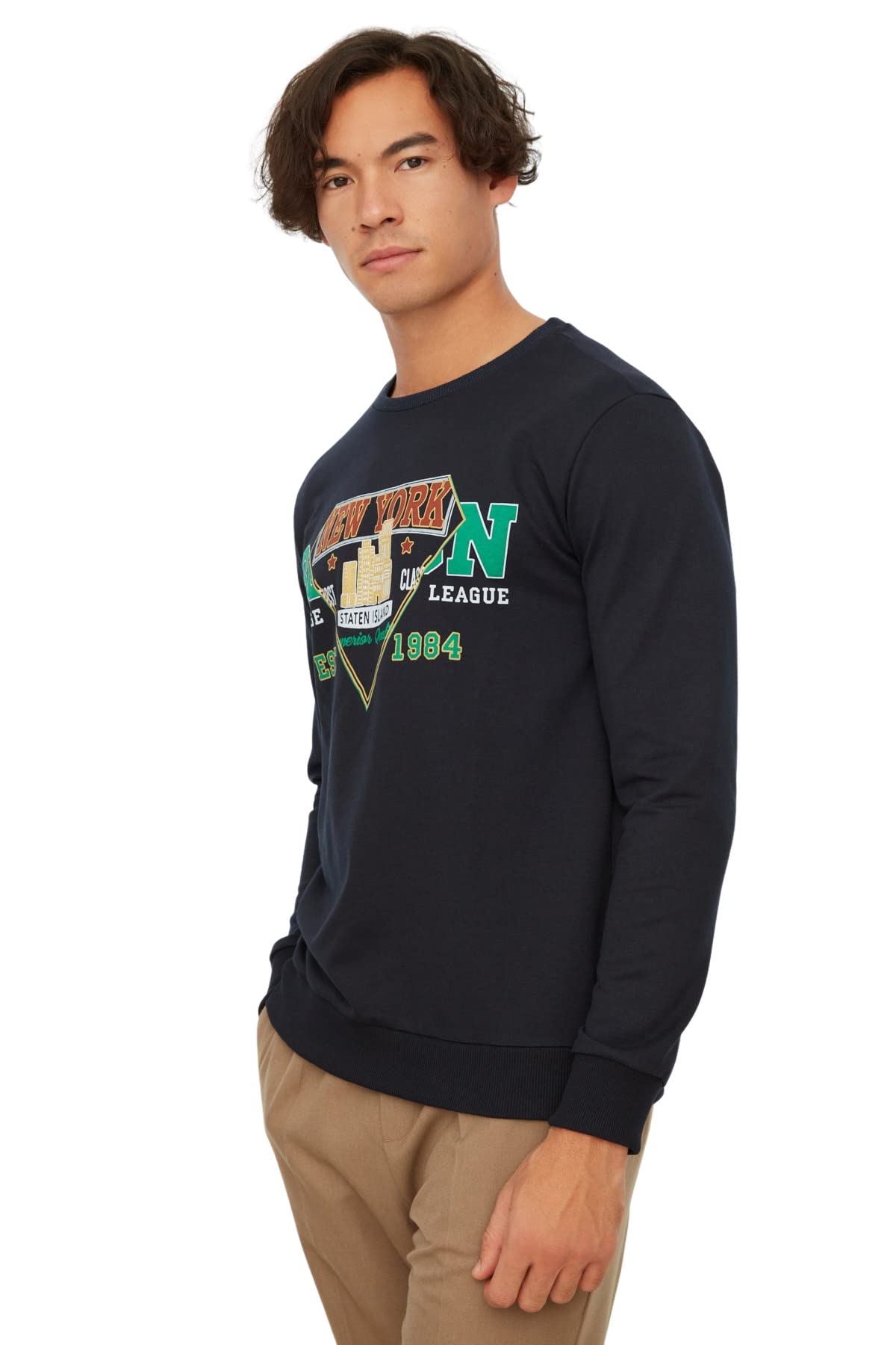 Trendyol Herren Marineblau Man Young Regular Standard Crew Neck Woven Sweatshirt Navy Blue
