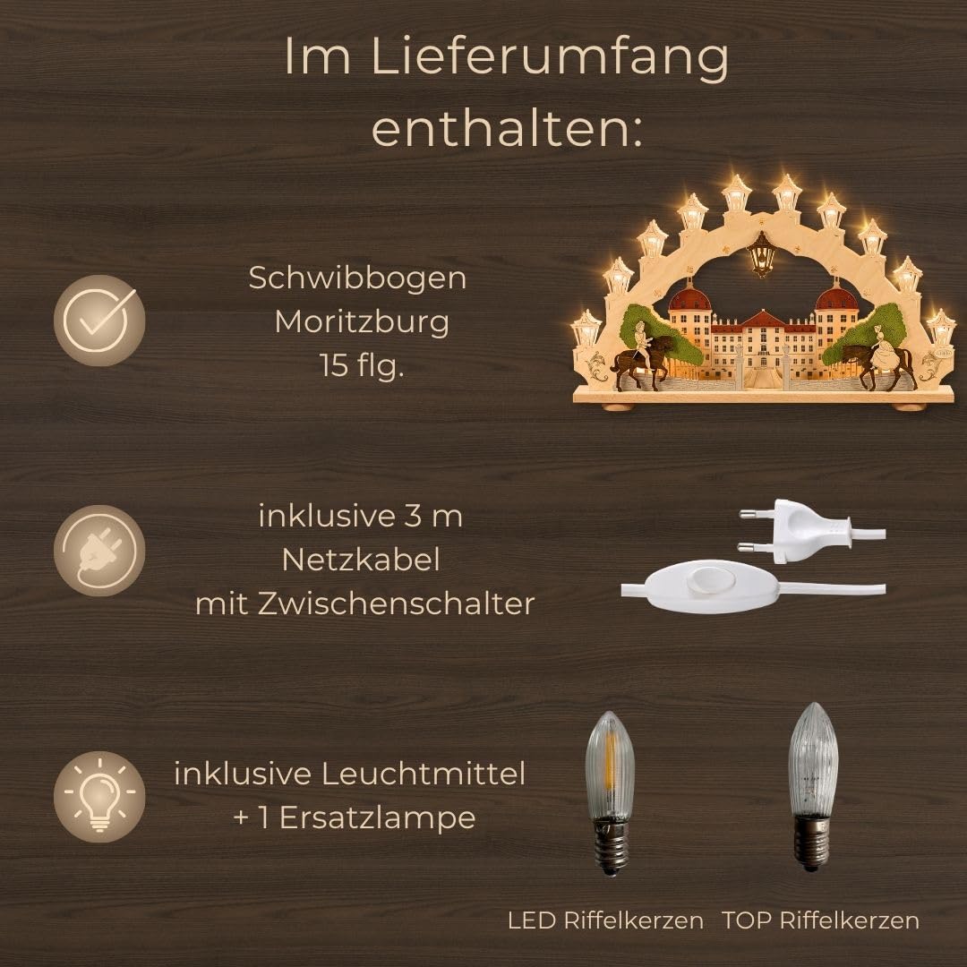 weigla - Schwibbogen original Erzgebirge I Motiv Moritzburg I Lichterbogen Weihnachten I 15 Lampenkerzen + 1 Ersatzlampe I 15 x 16 V, 3 W, E10 I beleuchtete Weihnachtsdeko innen I aus Holz