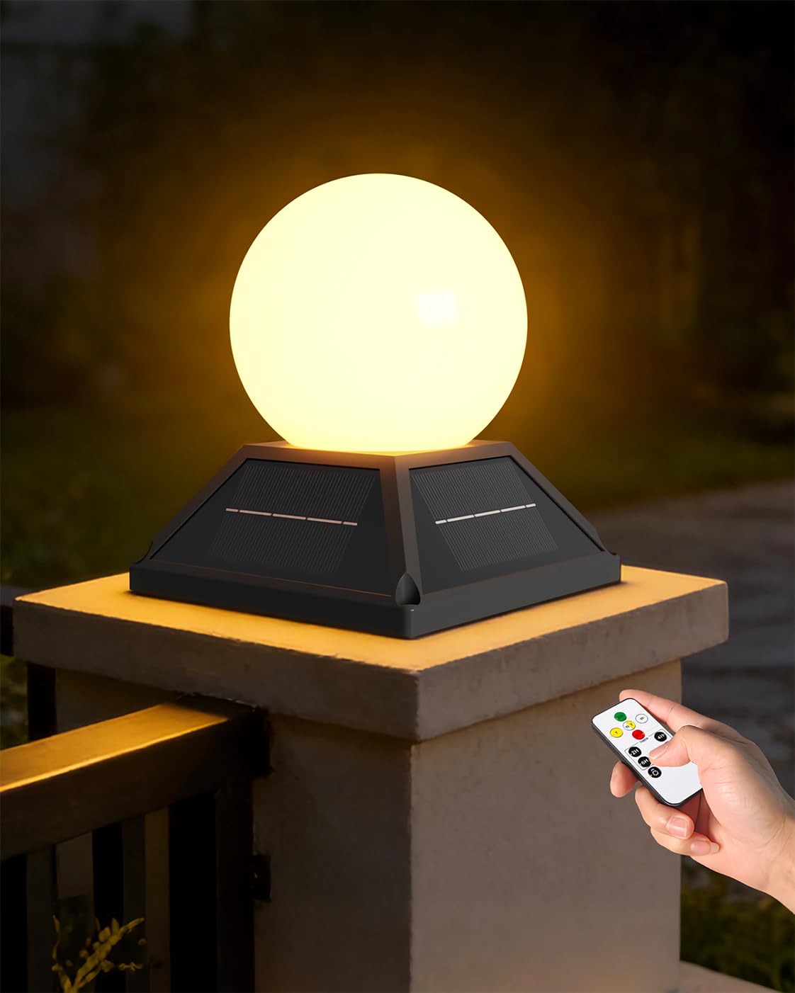 Farola Solar Exterior Sobremuro, Luz LED Bola para Valla con Mando y Temporizador, 2400mAh, 3 Colores 3000K-6000K, IP65, 15x17cm, Jardín Patio Terraza, Negro