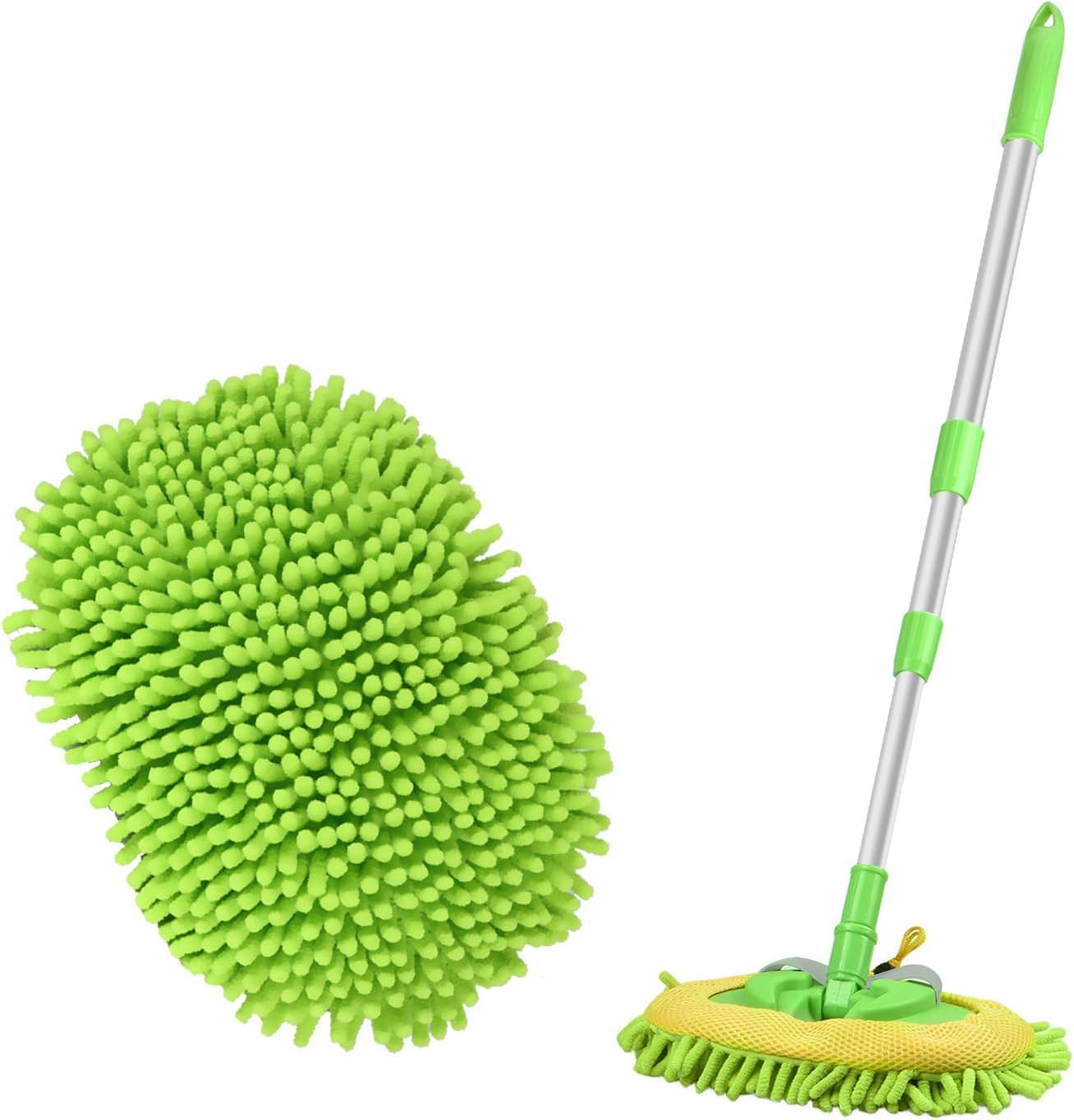 Lychico2 in 1 Car Wash Mop with Long Handle and Chenille Microfiber Brush Heads, 44In Extension Pole, Scratch-Free Cleaning Tool for Car, Truck, SUV, Boat (2 Mop Heads)