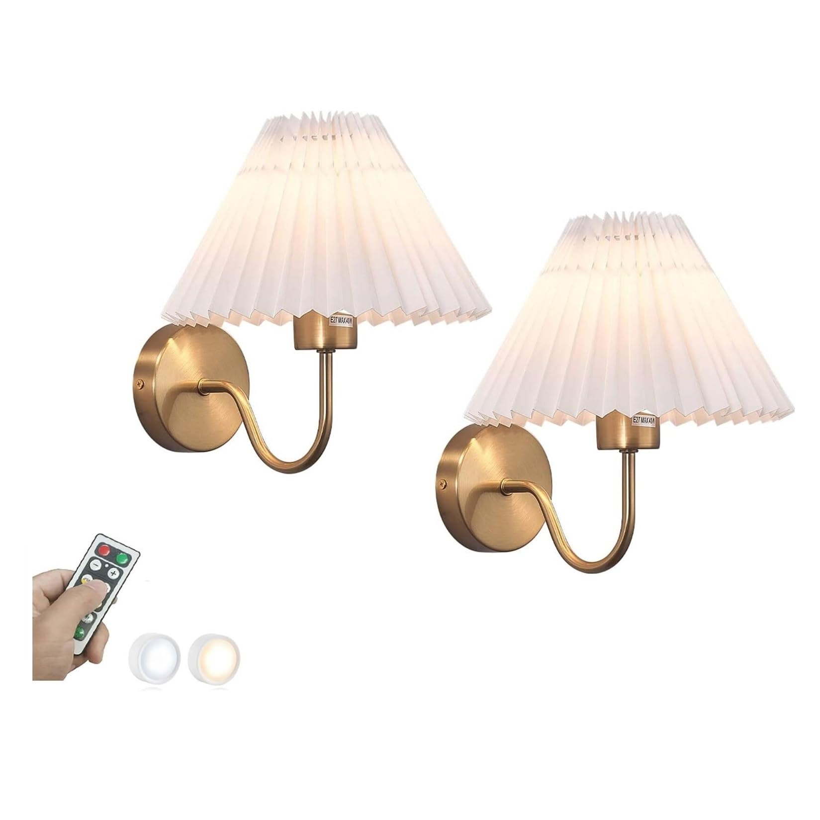 Elegante applique da parete con paralume in tessuto senza fili, alimentata a batteria, LED dimmerabile con telecomando, ricaricabile tramite USB, 3 modalità colore, set da 2, for camera da letto, sogg