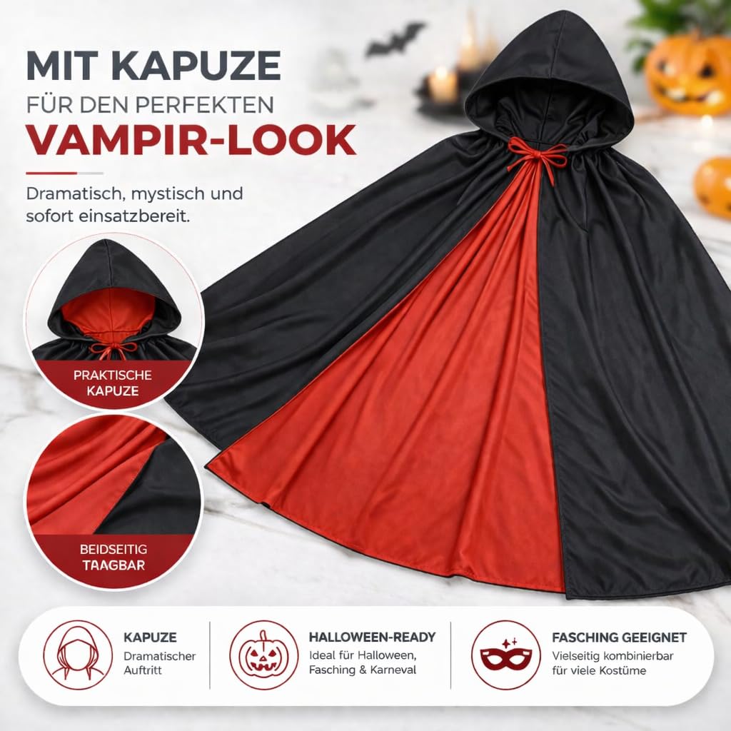 Peleryna z kapturem do kostiumu wampira, dla dzieci i dorosłych, na Halloween, bal przebierańców, karnawał, dwustronna