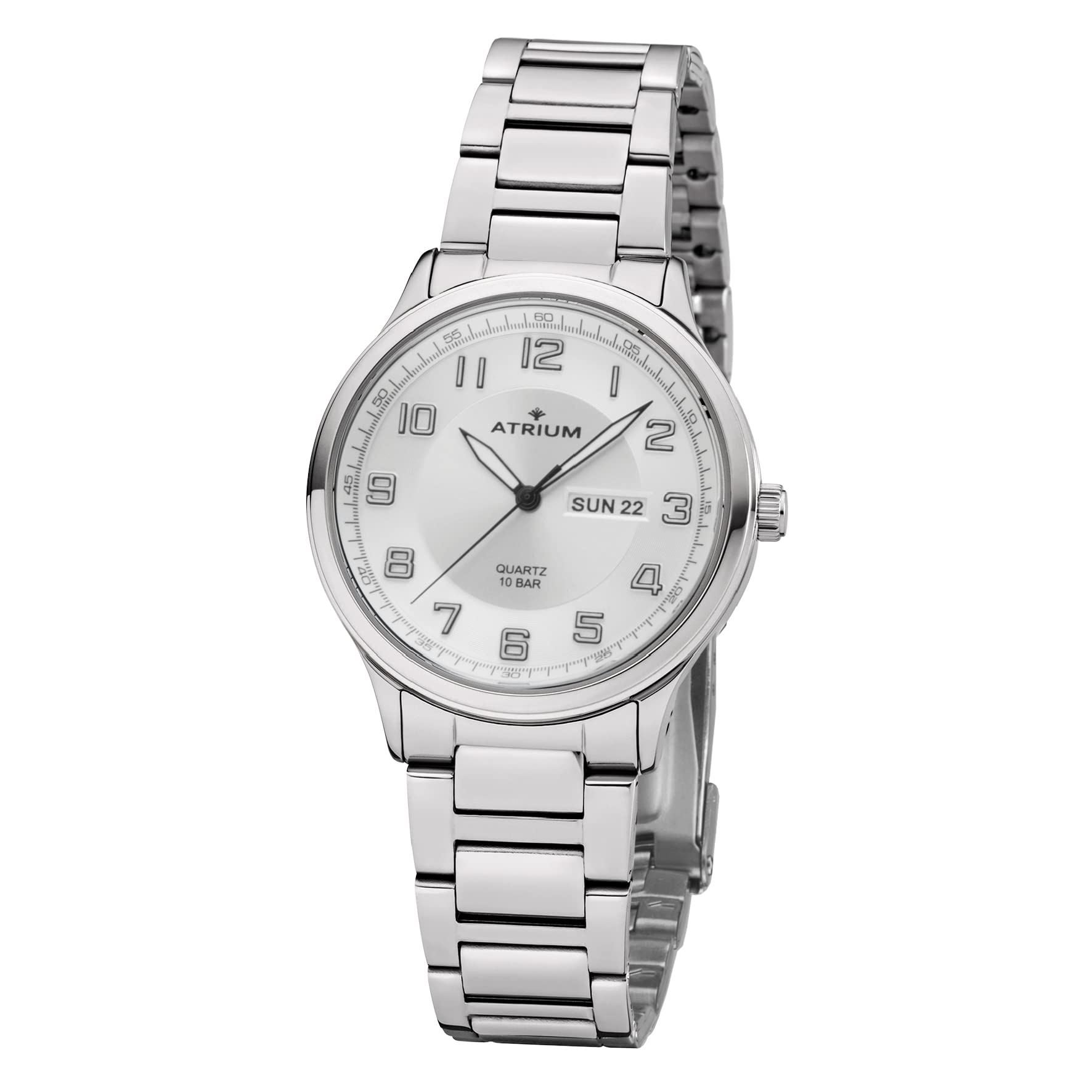 Atrium Herren-Armbanduhr Edelstahl Analog Quarz 10 bar mit Edelstahl Armband und Wochentag Datum Anzeige Silberfarben A39-30