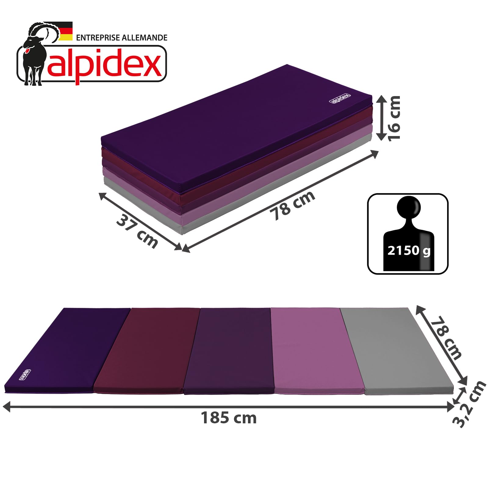 ALPIDEX Tapis de gymnastique pliable 185 x 78 x 3,2 cm pour la maison enfants adultes
