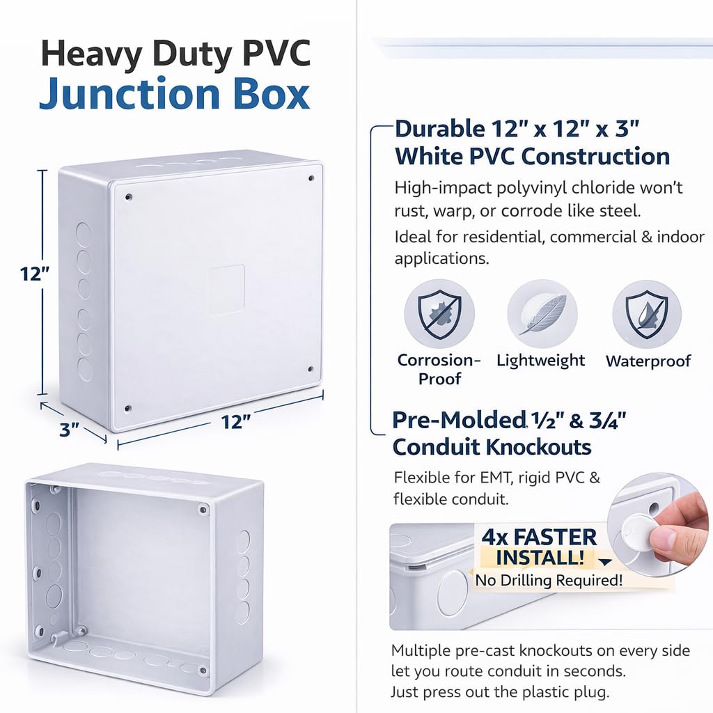 12" x 12" x 3" White PVC Junction Box – Heavy-Duty Plastic Electrical Conduit Box with Pre-Molded 1/2" & 3/4" Knockouts, Snap-Off Cover & Metal Lid Screws Included — Amazon image 3