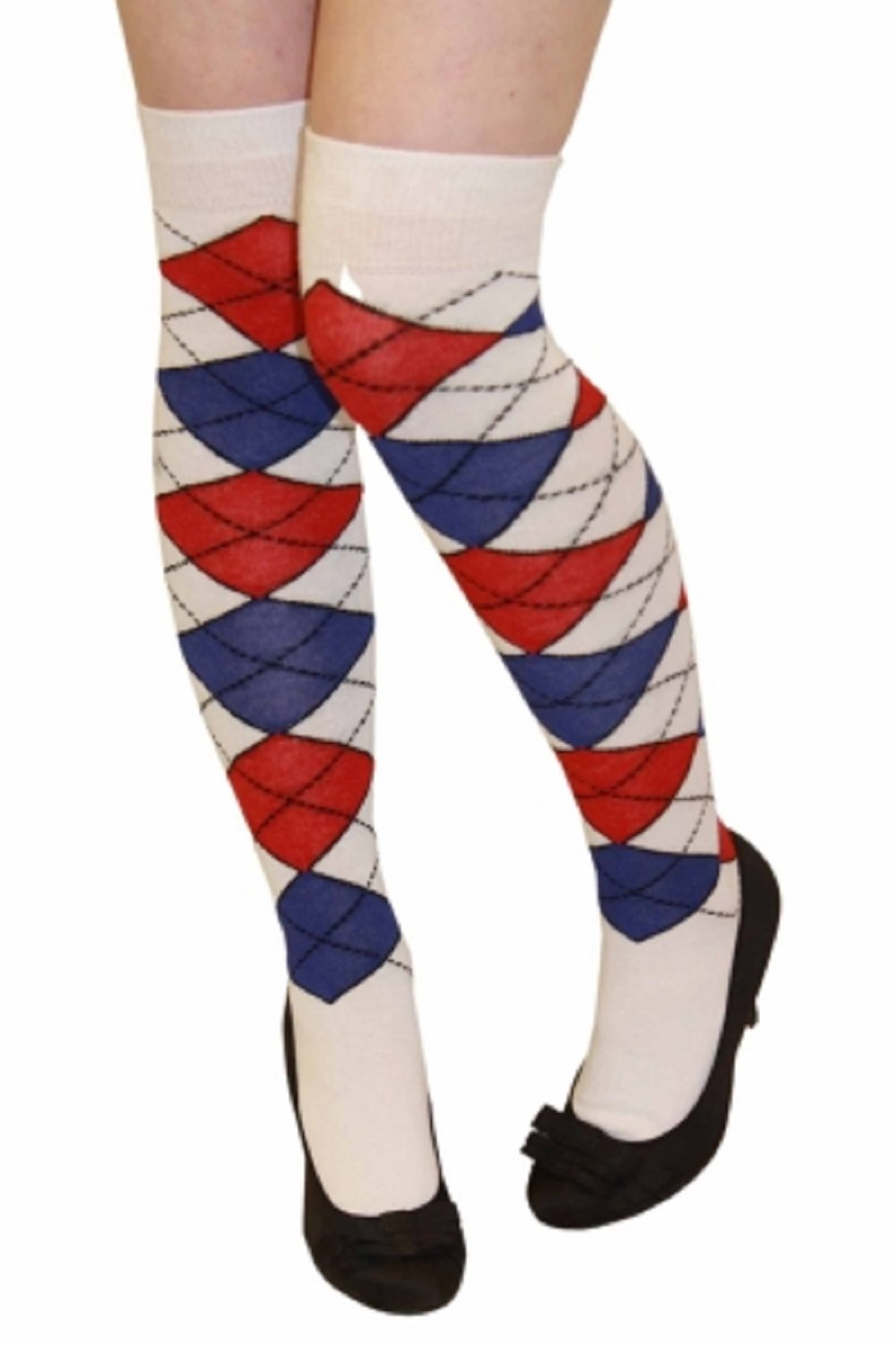Argyle Over The Knee Socks Ladies Thigh High Diamond Check Pattern Golf Socks 4-6 (White Blue & Red Argyle)