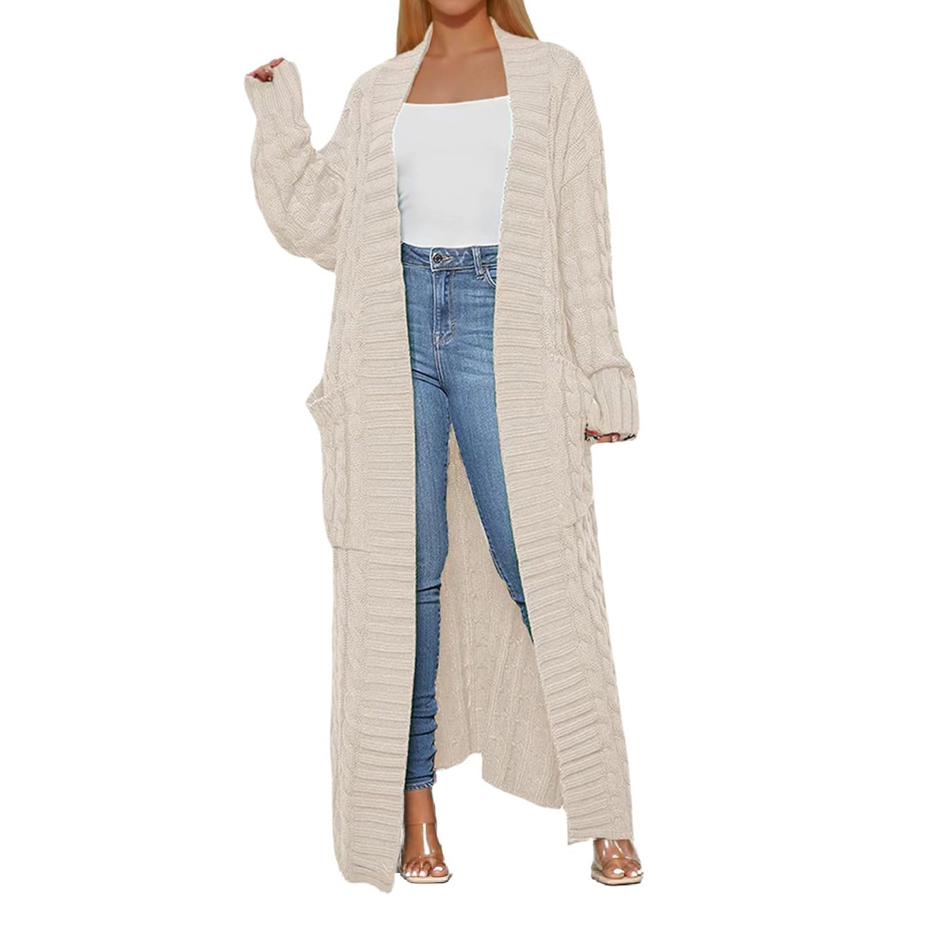 Costaric Womens Long Cardigan Sweaters Long Sleeve Open Front Cable Knit Coat Fall Winter Long Jacket with Pockets