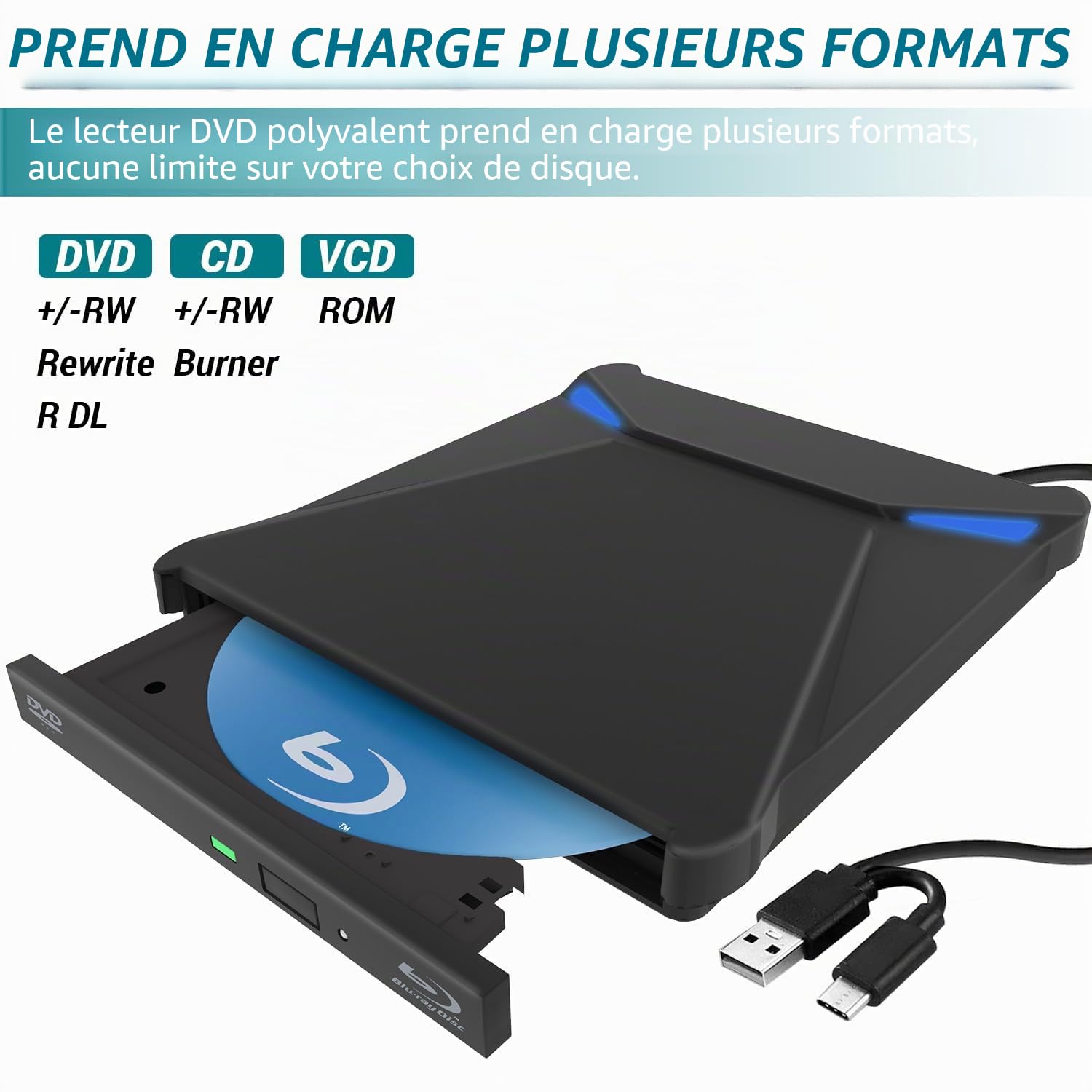 Magesh Lecteur Blu-Ray Externe, USB3.0 Type-C External Blu-Ray Drive, Slim Portable External Blu-Ray DVD Burner/Reader, for Laptop, Desktop, Windows 11/10/8