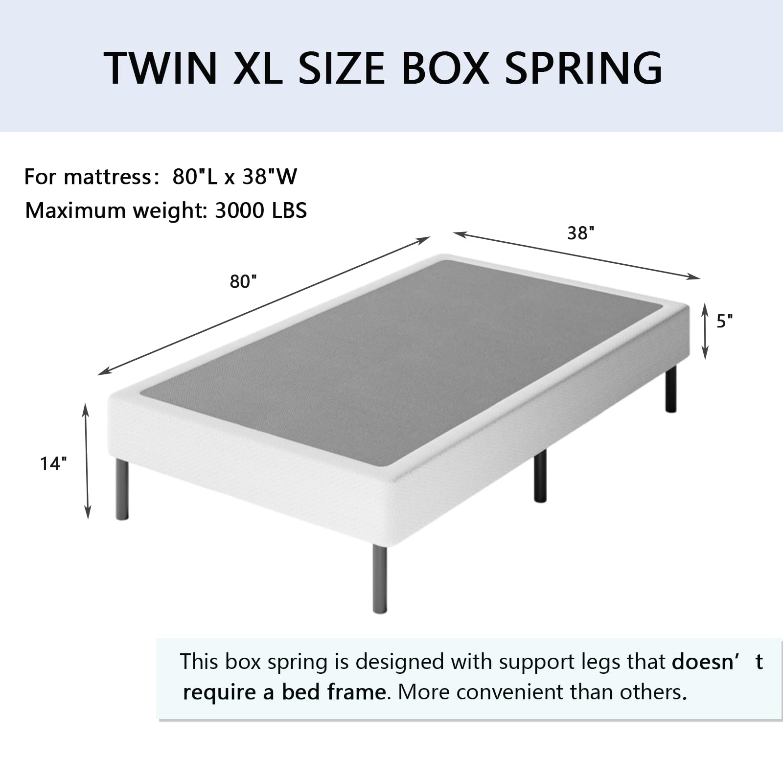 VTWAZAST 5 Inch Twin XL Box Spring with 9 Inch Metal Leg Support, Easy