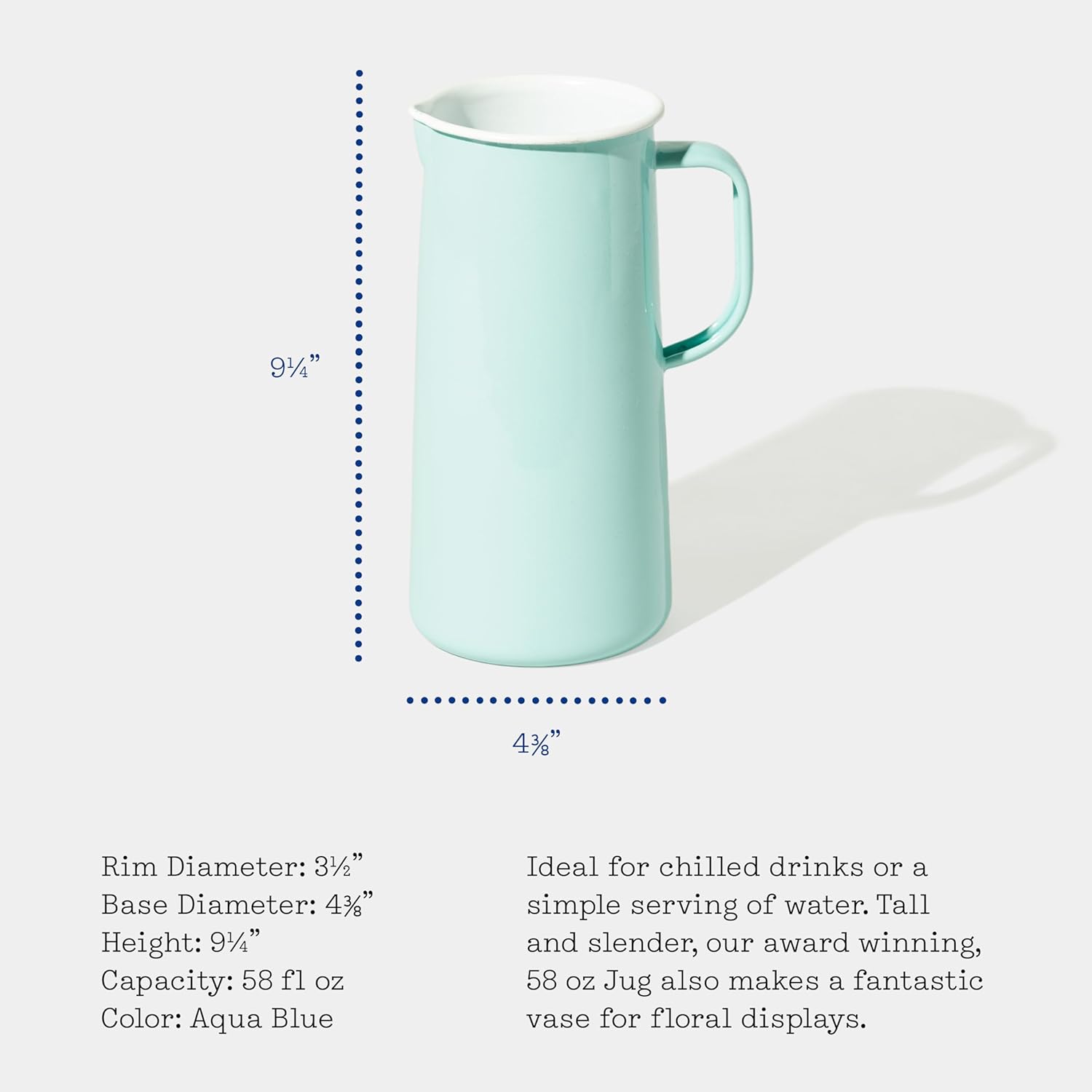 Falcon Enamelware Pitcher (57 oz), Metal Pitcher with Spout & Handle, Jug for Iced Tea, Water, Milk or Flower Vase, Dishwasher Safe, Oven Safe & Freezer Friendly (Aqua Blue)
