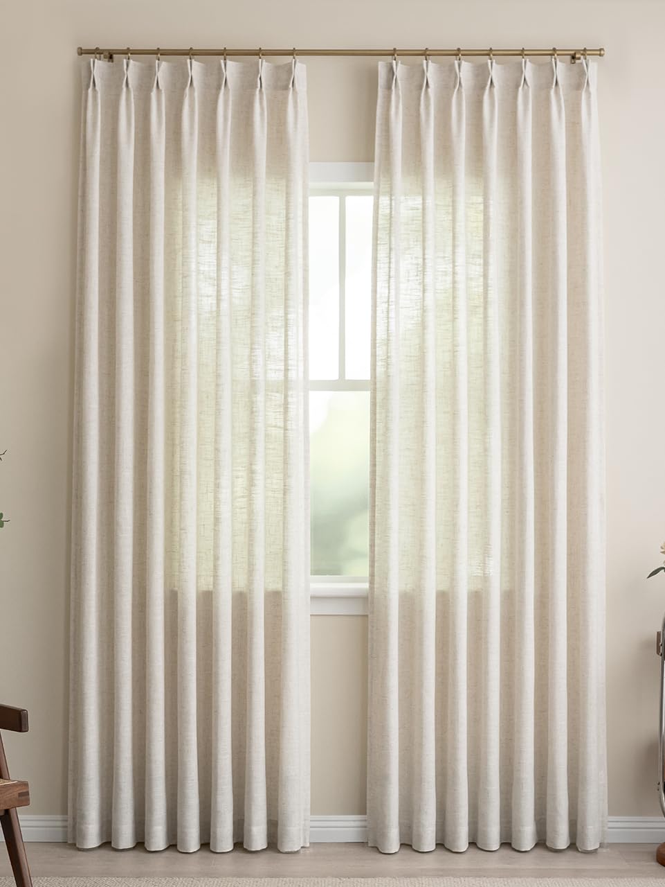 THREE GIRLS Liz Pinch Pleated Linen Curtains 108" (304.8cm Drop) - Light Filtering Semi Sheer Drapes with Hooks for Living Room & Bedroom, Natural, 2 Panel Set