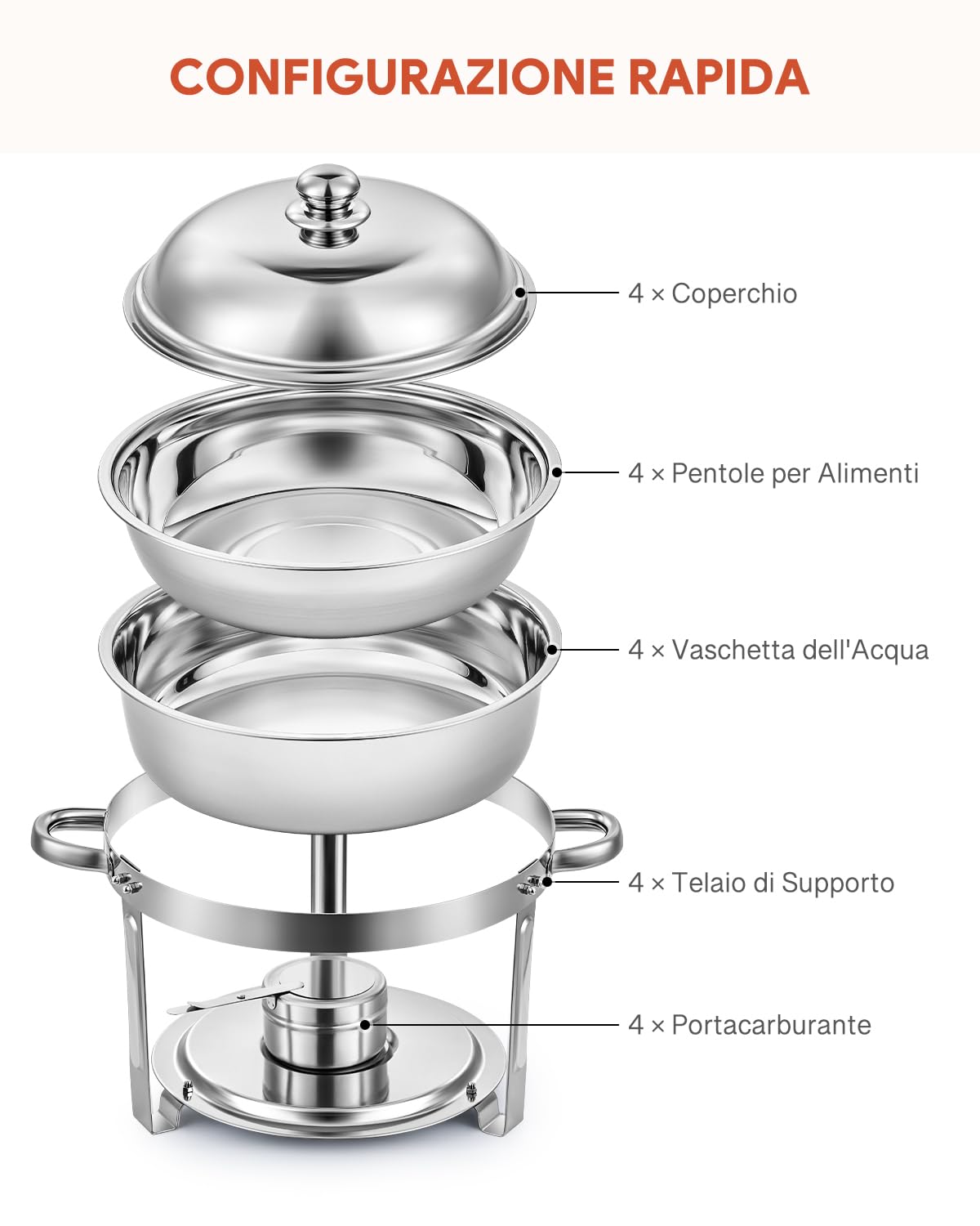 Wilprep 5L Chafing Dish Buffet Rotondo Scaldavivande Rotondo in Acciaio Inox Contenitore Vassoio di Riscaldamento con Coperchi Pentole per Servire per Catering Ristoranti Feste Matrimoni (4 Pezzi)