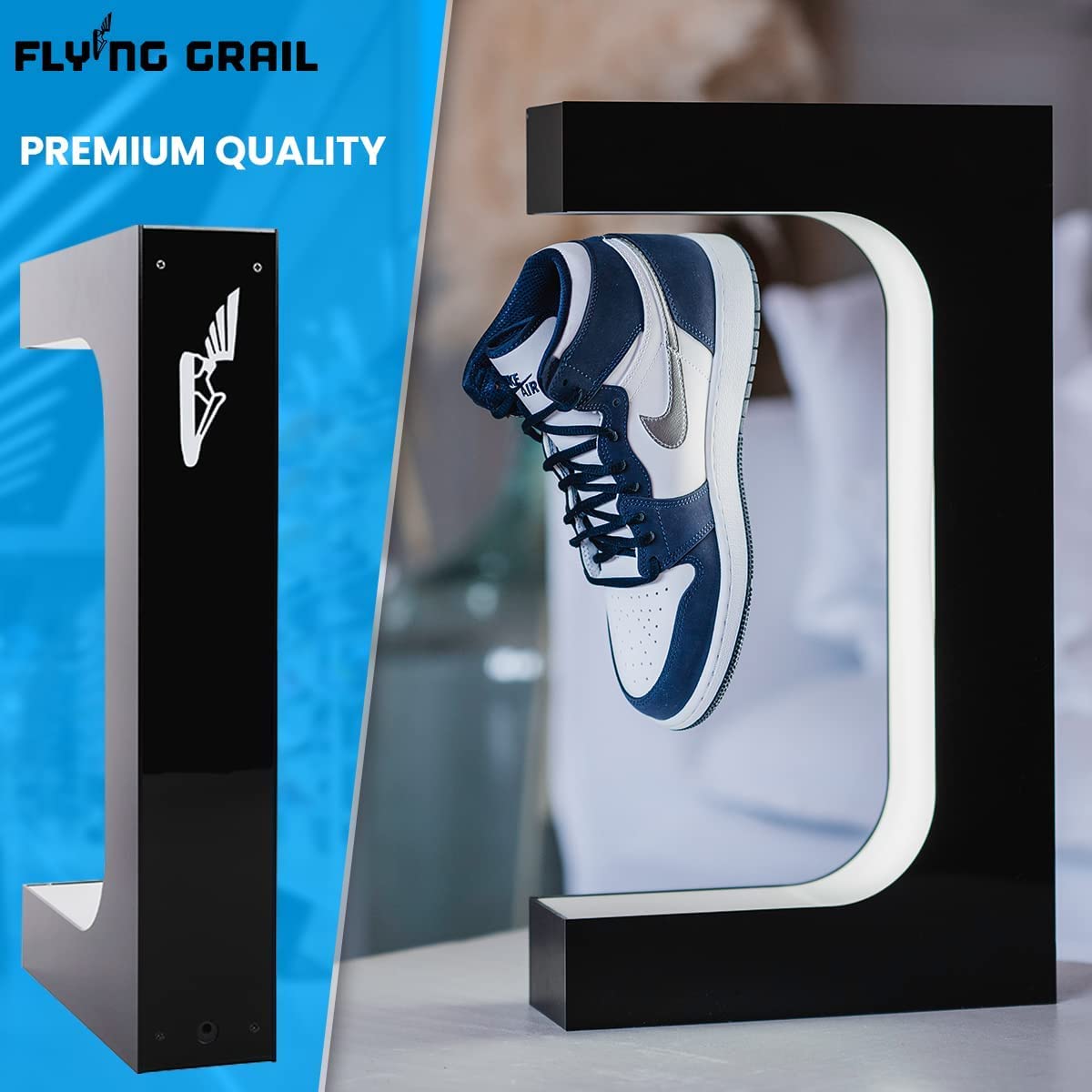 FTXOAM Levitating Shoe Display, Acrylic LED Floating Shoe Display with 16 Colors Remote Control & 360°Rotation Spinning,Magnetic Sneaker Display Holder for Storefront Home Décor Advertising Exhibition Shoe Store Show (Black Without Shoe)