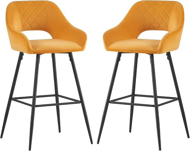 JaHECOME Bar Stools Set of 2 Yellow Velvet Padded Bar Chairs with Footrest Armrest Kitchen High Stools Supported Black Metal Legs for Breakfast Bar, Counter, Kitchen and Home