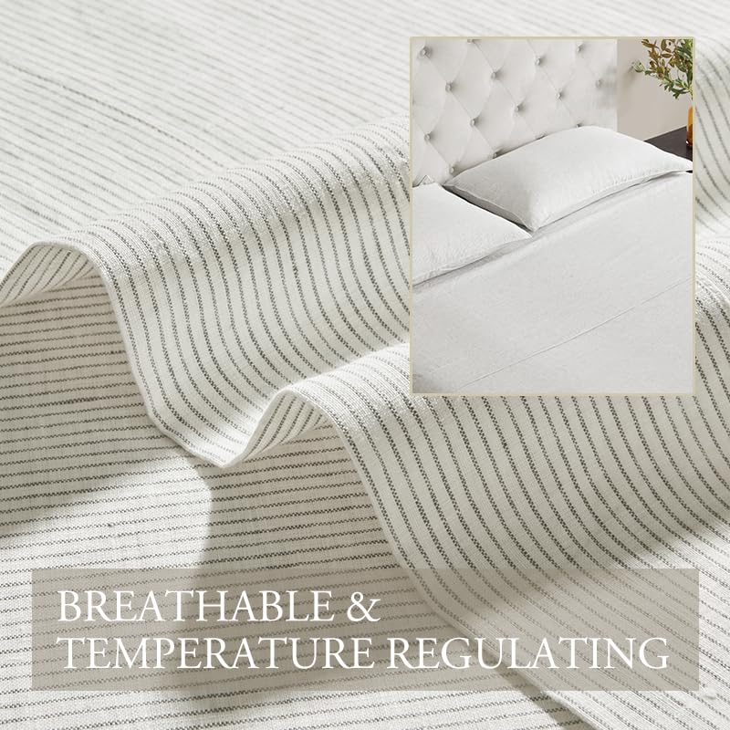 DAPU Linen Sheets King,Yarn Dyed Striped Pattern 100% Washed Linen Bedding with Envelope Closure,4PCs Soft Linen Sheets Set,Thin Stripe Weaved Pattern in Off-White & Grey,King Size