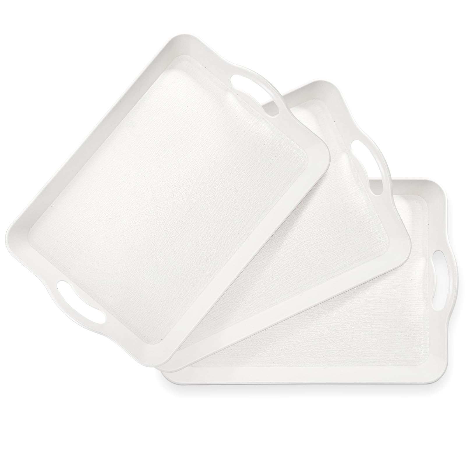 Cedilis 3 Pack Serving Trays with Handles, 40.6 x 28 cm Food Serving Tray, Rectangular White Plastic Stackable Tray for Restaurant, Parties, Coffee Table