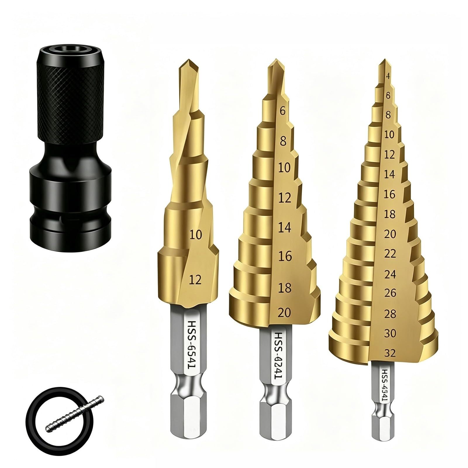 Juego de brocas escalonadas HSS 6542 de 3 piezas, flauta en espiral | Adaptador de vástago hexagonal de cortador de cono para madera, 4-12 mm, 4-20 mm, 4-32 mm, acero de alta velocidad 6542