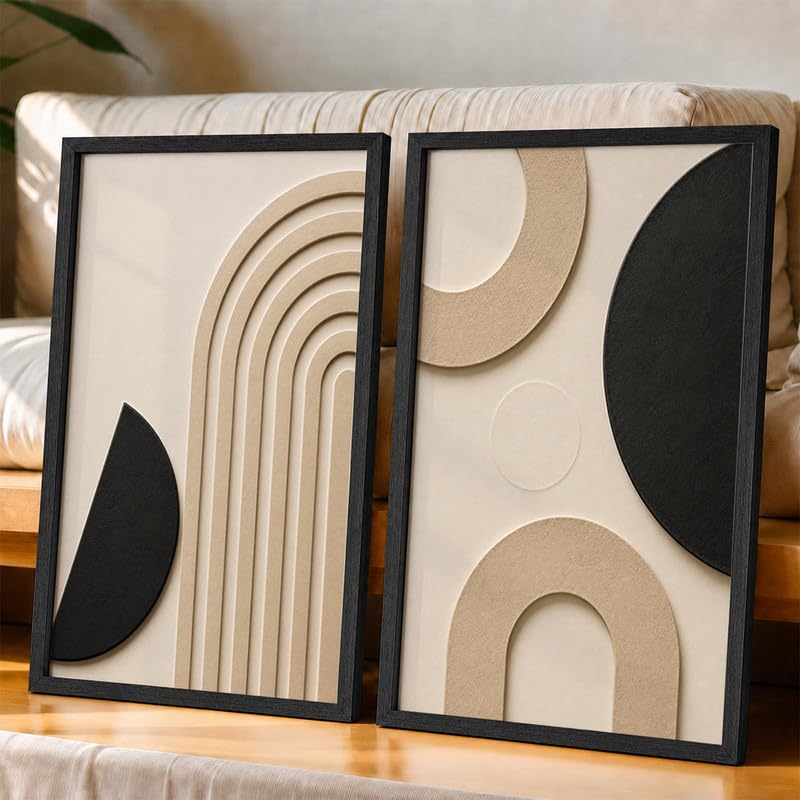 Image of NoWorries Abstract Geometric Wall Painting Set of 2 with Frame | Black Beige Arch & Circle Texture Artwork, Modern Minimal Wall Decor for Living Room, Bedroom, Office and Home Decoration (Art-20, 21x31inch)