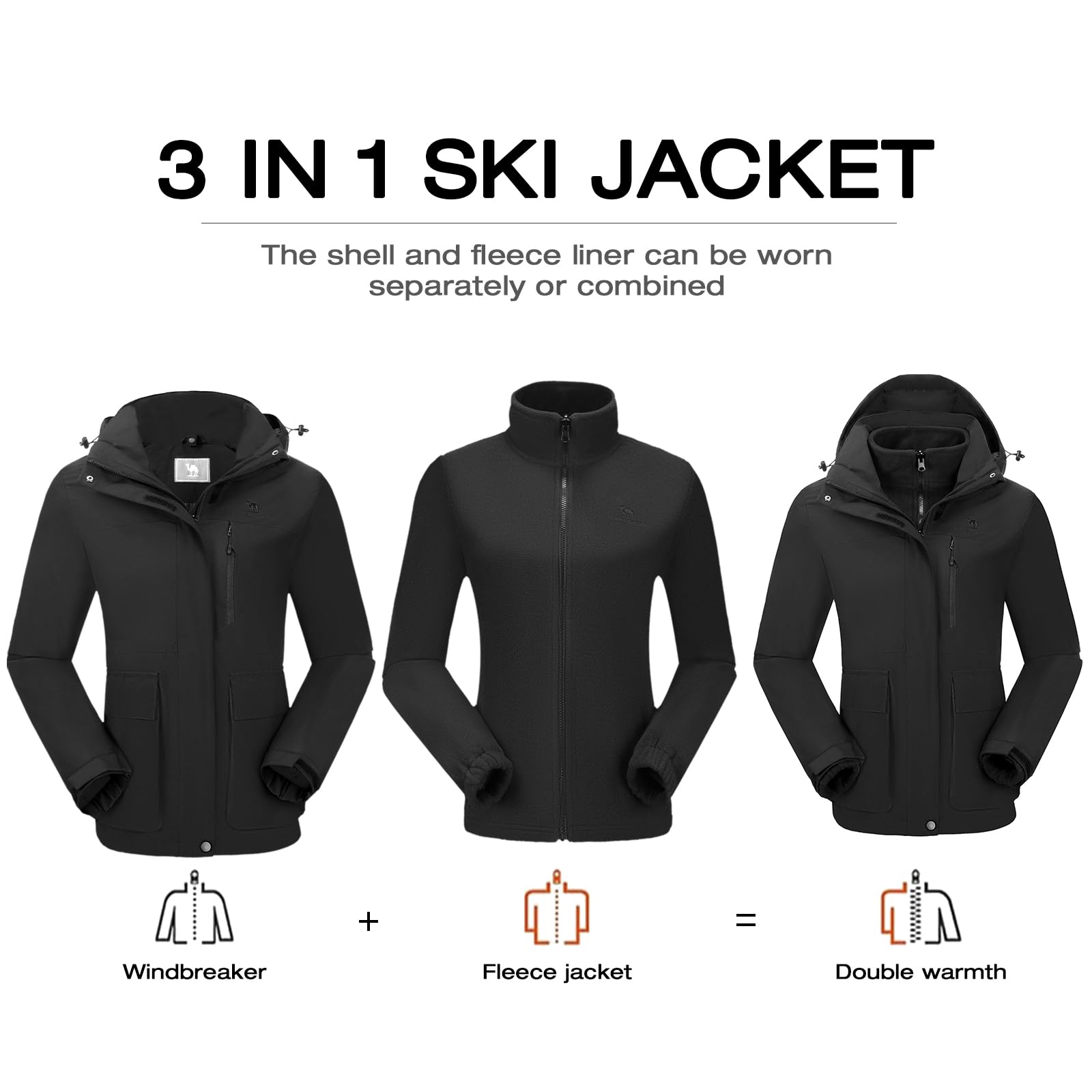 CAMELSPORTS Damen-Skijacken, wasserdicht, Fleece, 3-in-1, Snowboardjacke, Winter, warm, Windbreaker, Regenmantel